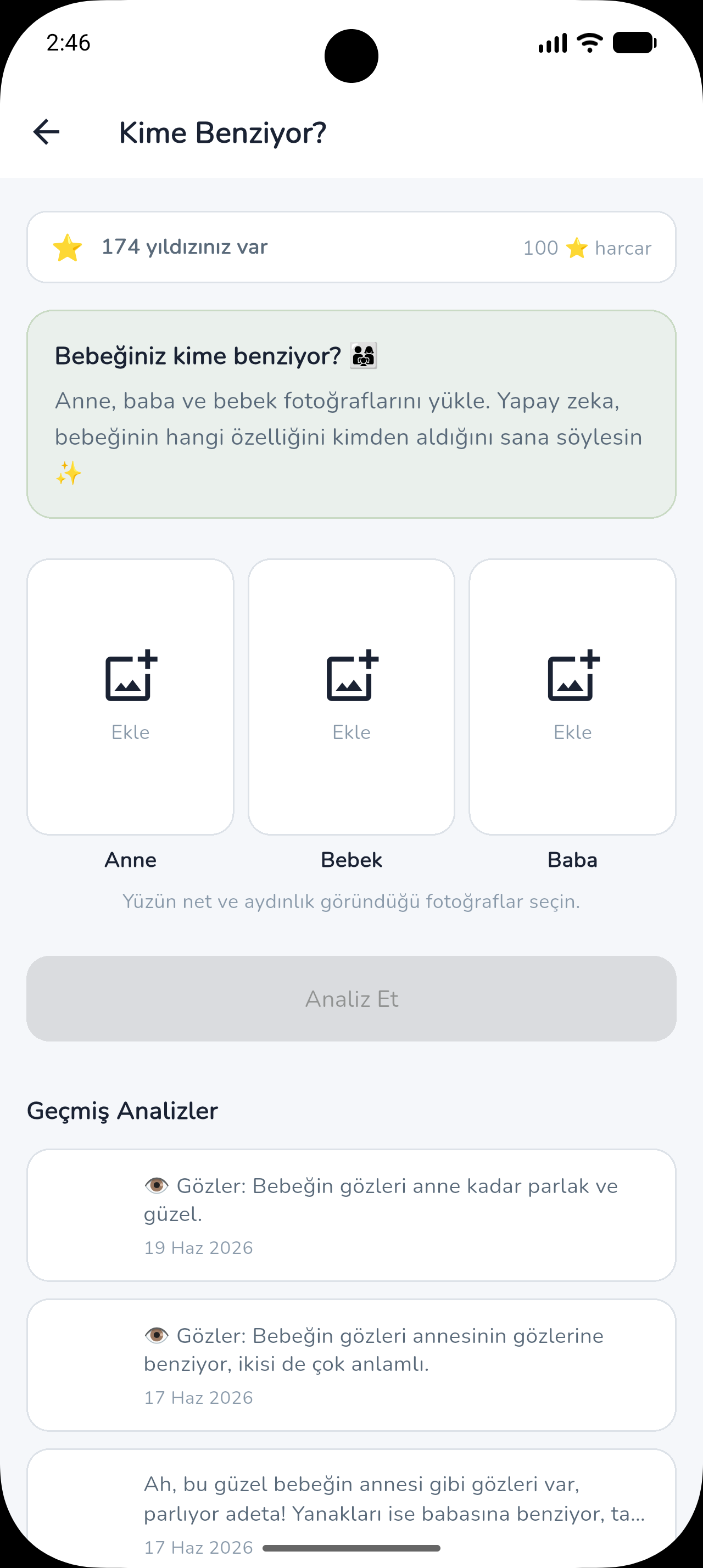 Kime Benziyor? özelliği — aile benzerlik analizi ekranı
